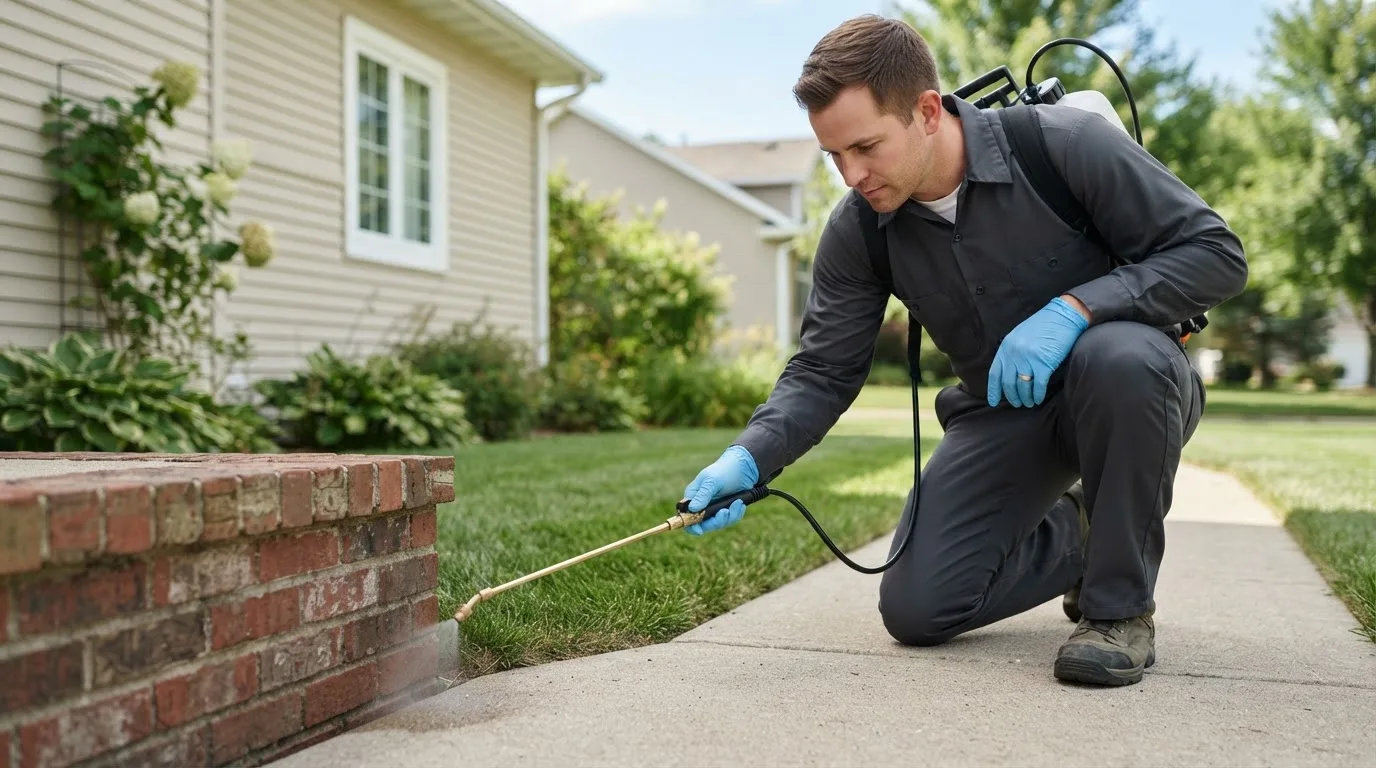 Pest control technician treating a home near Wildwood, MO